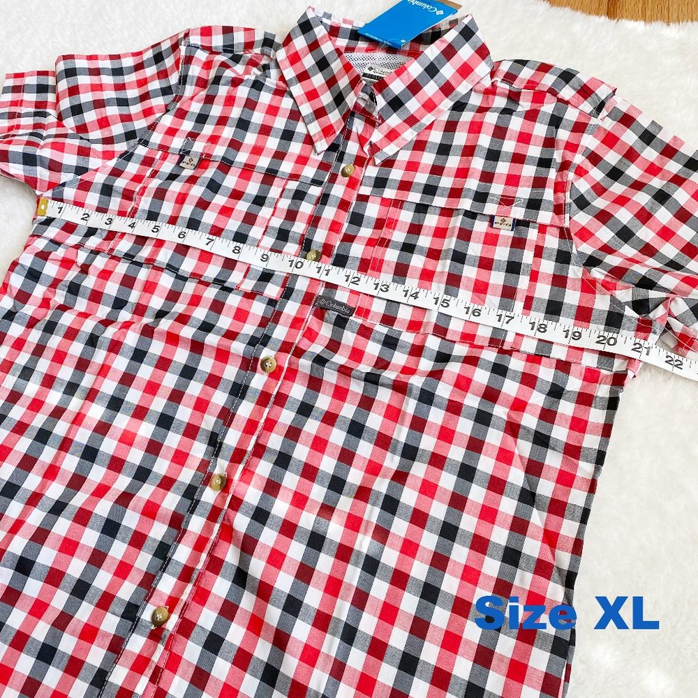 Columbia, Women's PFG Bonehead Short Sleeve Shirts, Red/Black Plaid, Size L / XL - Picture 10 of 12